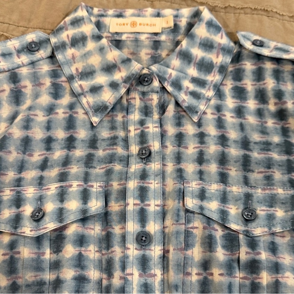 Tory Burch Blue and White Plaid Button-Down Shirt